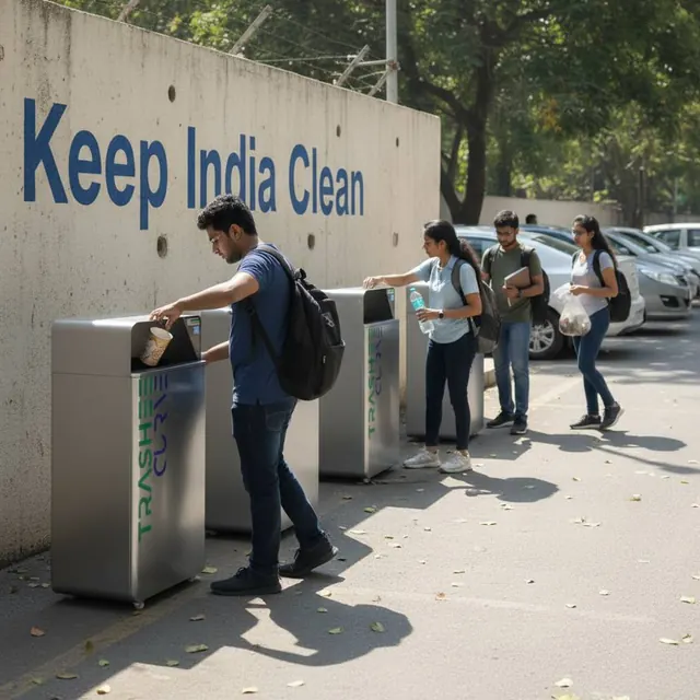 People dropping waste into a row of Trashee bins
