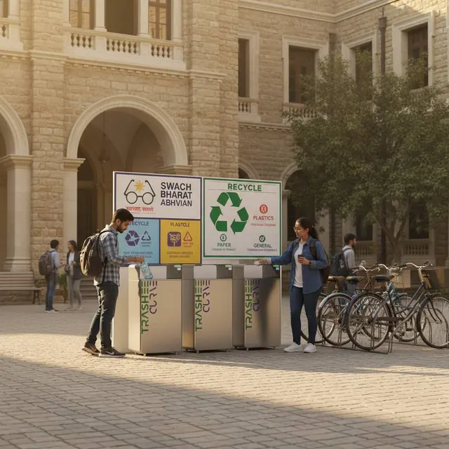 Students throwing waste into Trashee bins outside a college building