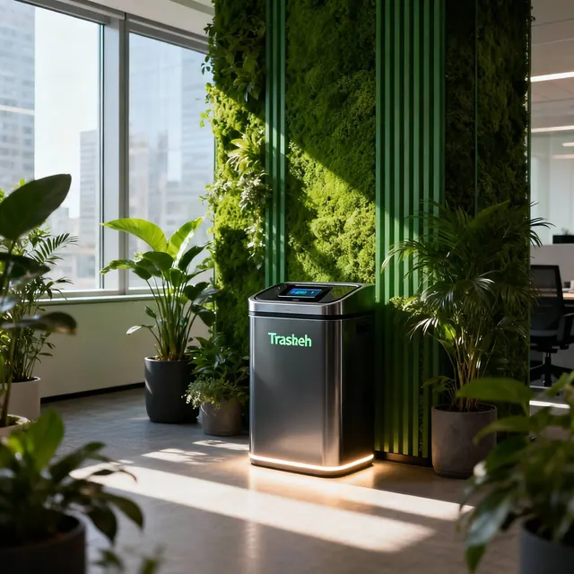 A Trashee bin in a green hotel lobby