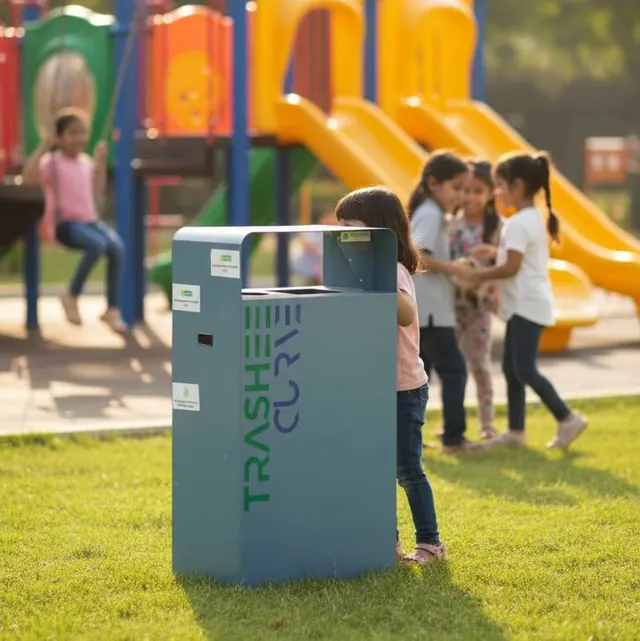 Children next to a Trashee bin in a playground
