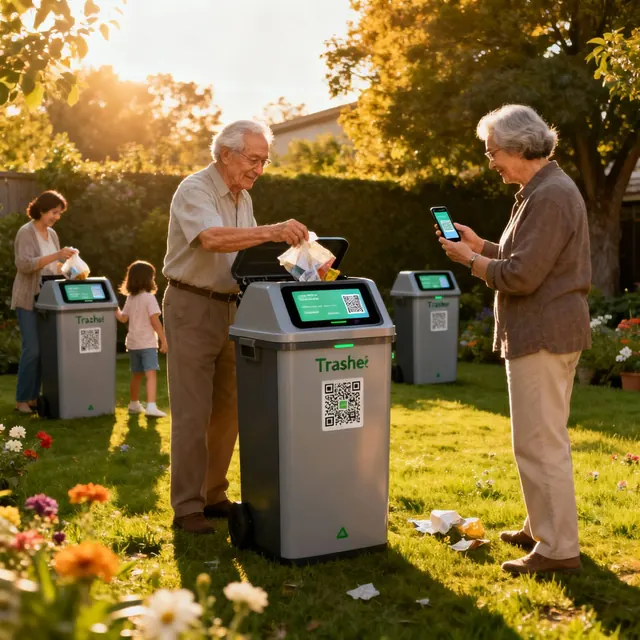 Two people at a Trashee bin in a park, one scanning its QR code with a phone