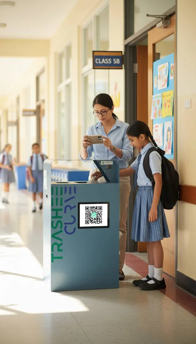 A student scanning the QR code on a Trashee bin in a school corridor